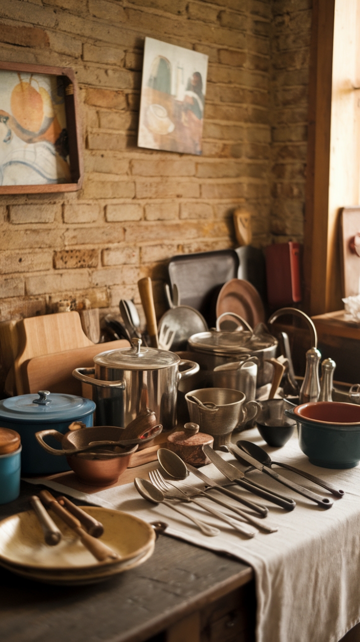 Ready for a trip back in time? This vintage kitchen is a love letter to the past, filled with the charm of generations gone by. Sun-drenched and inviting, the warm glow illuminates a treasure trove of antique kitchenware – from gleaming vintage silverware to colorful retro mixing bowls. Spread across a wooden table draped in crisp white linen, classic tools and nostalgic gadgets tell stories of countless meals shared. Against a backdrop of rustic brick adorned with art, this space feels both lived-in and utterly enchanting.