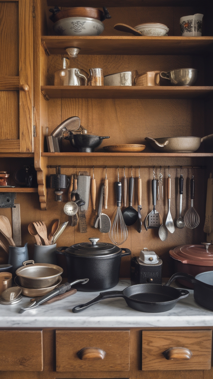 Ready for a trip down memory lane? This vintage kitchen is a treasure trove of culinary history! Imagine the stories held within these wooden cabinets and the delicious meals prepared on this beautiful marble counter. It's a feast for the eyes, showcasing a charming collection of old-fashioned kitchen gadgets. From well-loved cast iron skillets and classic wooden spoons to a sturdy Dutch oven and gleaming antique cutlery, every piece speaks of a time when cooking was a craft. Retro mixing bowls and vintage silverware complete the scene, creating a truly nostalgic atmosphere that's both inviting and inspiring.