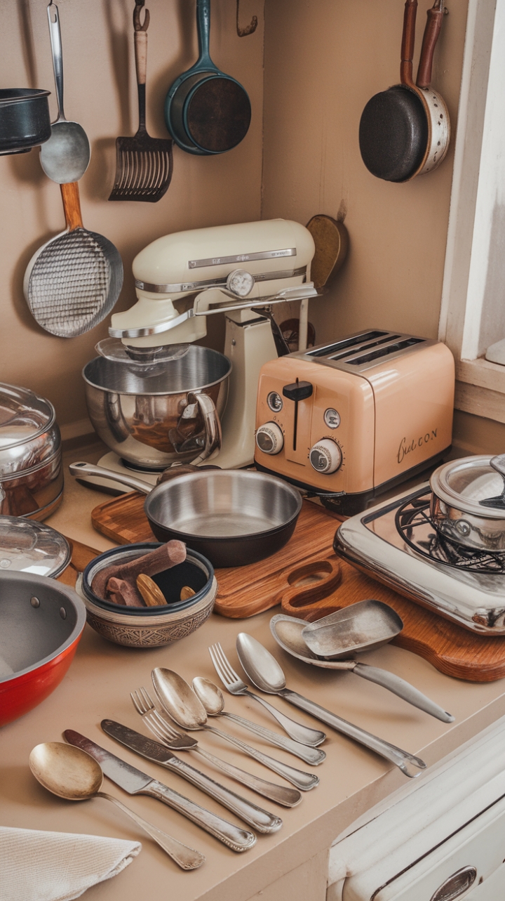 Step back in time with this nostalgic kitchen scene, where vintage cookware and antique tools whisper tales of bygone recipes and cherished family meals. The warm beige walls, hanging pots, and a retro mixer brimming with attachments create a charming, lived-in atmosphere that's both effortlessly stylish and deeply comforting. Every detail, from the cast iron skillet to the tarnished silverware, speaks to a simpler era of culinary artistry.
