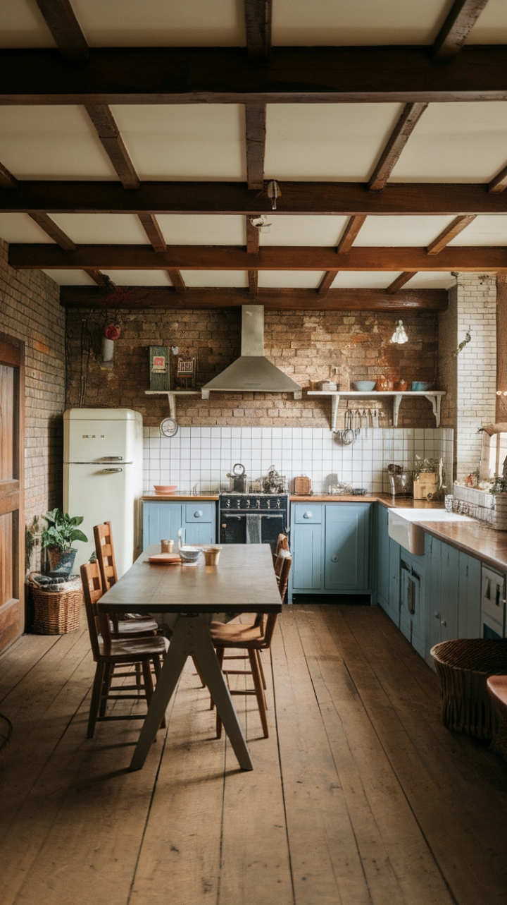 Embrace the allure of vintage charm in this breathtaking farmhouse kitchen. Exposed brick walls, a rustic wooden table, and a symphony of warm textures create an atmosphere of unparalleled coziness. Imagine lazy Sunday mornings spent amidst the comforting glow of natural light, the scent of coffee brewing, and the gentle creak of the aged wooden floors beneath your feet. This kitchen isn't just a room; it's a timeless masterpiece.