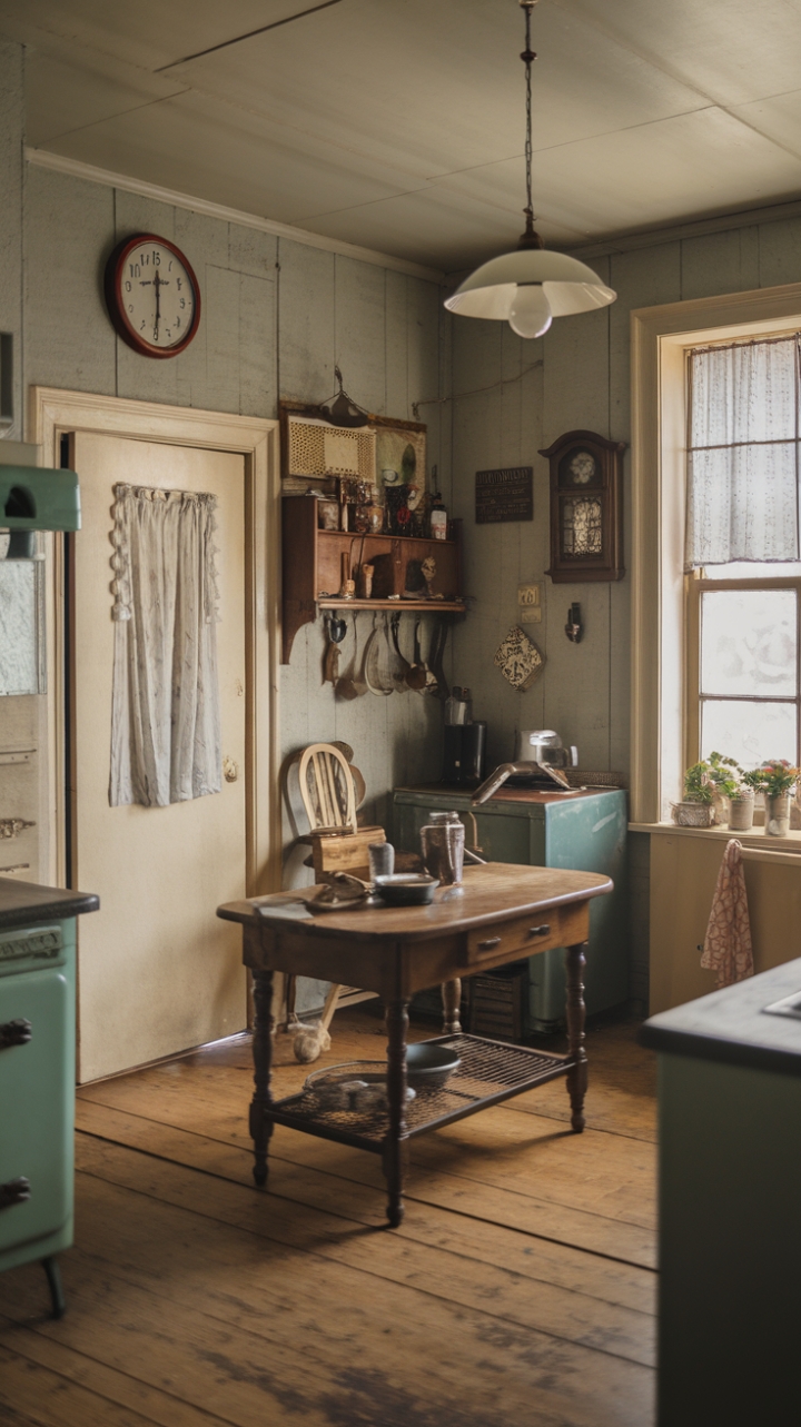 Step back in time with this vintage kitchen, where rustic charm meets nostalgic comfort. The worn wooden table, adorned with cherished objects, anchors the space, while antique details—from the ticking clock to the warm glow of the light fixture—whisper tales of generations past. Sunlight streams through the window, illuminating the rich wood floors and creating an atmosphere of peaceful serenity. This isn't just a kitchen; it's a sanctuary of memories.