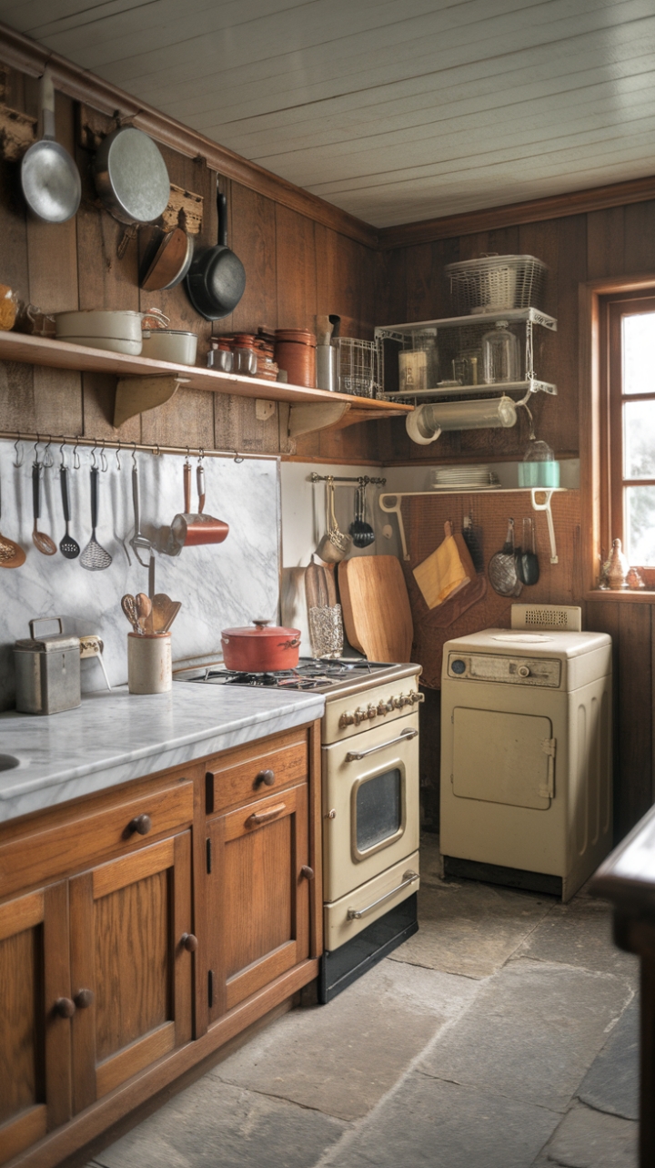 Ready for a trip back in time? This vintage kitchen is a warm embrace of rustic charm and farmhouse soul. Imagine the scent of freshly baked bread filling this space, where wooden cabinets hold generations of stories and a marble countertop gleams under the soft light. A classic oven stands ready for culinary adventures, while a vintage washing machine in the corner adds a touch of practical nostalgia. The wood-paneled walls and ceiling create a cozy, cabin-like feel, perfectly complemented by the cool, grounding stone floor. Pots, pans, and utensils hang like rustic artwork, a testament to countless meals shared. It's a kitchen that feels lived-in, loved, and utterly timeless – a true sanctuary of classic, antique, and retro ambiance.