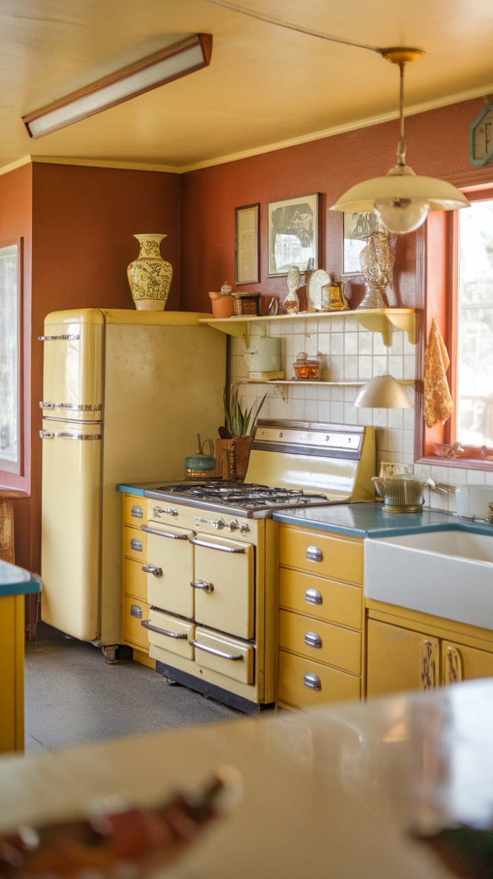 Step back in time with this sun-drenched vintage kitchen, where sunshine-yellow cabinetry and retro appliances create a joyful symphony of mid-century modern design. Antique accents and a vibrant color palette complete this nostalgic haven, perfect for the home cook who appreciates timeless style.