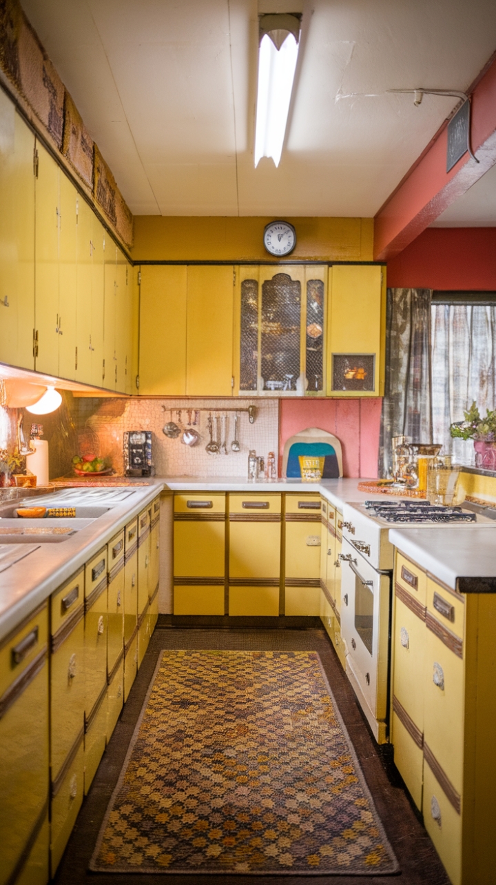Step back in time with this sun-drenched vintage kitchen, where sunshine-yellow cabinetry and a retro color palette create a nostalgic haven. Mid-century modern design details, a patterned rug, and a retro clock add to the charming ambiance. Prepare to be transported!