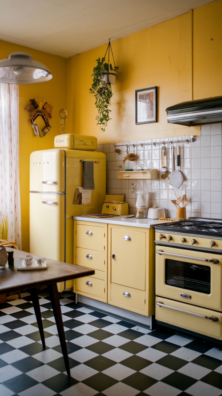Step back in time with this sunshine-soaked vintage kitchen! Buttery yellow cabinetry, a retro fridge humming a nostalgic tune, and a black and white checkered floor create a space bursting with retro charm. Every detail, from the hanging planter to the framed artwork, whispers tales of simpler times. Prepare to be transported to a bygone era of cheerful cooking and happy memories.