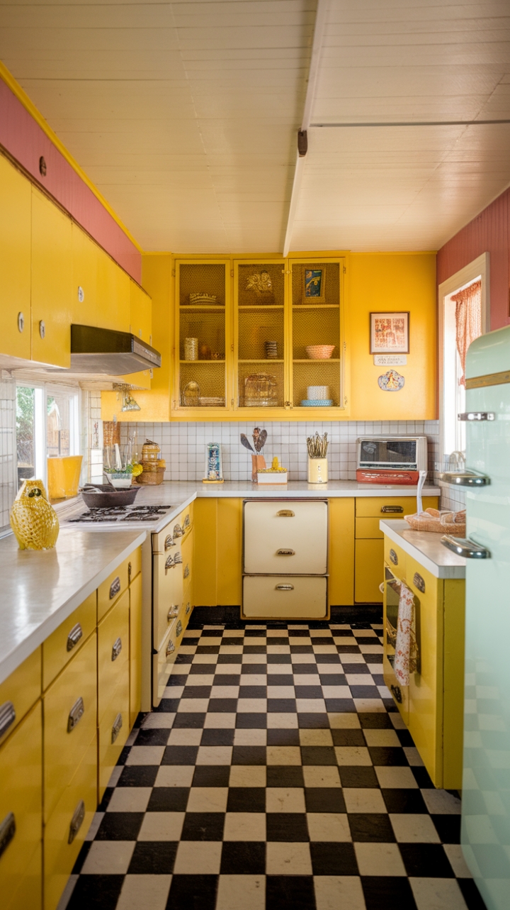 Ready for a dose of sunshine and nostalgia? This vintage yellow kitchen is a delightful trip back in time! Bathed in a warm, inviting glow, the cheerful yellow cabinetry sets the stage for a space that feels both playful and practical. Classic mid-century appliances stand ready for culinary adventures, while a crisp white countertop provides a clean contrast. The iconic black and white checkered floor adds a touch of retro charm underfoot. Look closely and you'll spot the charming details that truly make this kitchen sing – a wise ceramic owl keeping watch and a well-loved cast iron skillet hinting at delicious meals past and future. This kitchen is a vibrant celebration of retro design and a reminder that some styles are simply timeless.