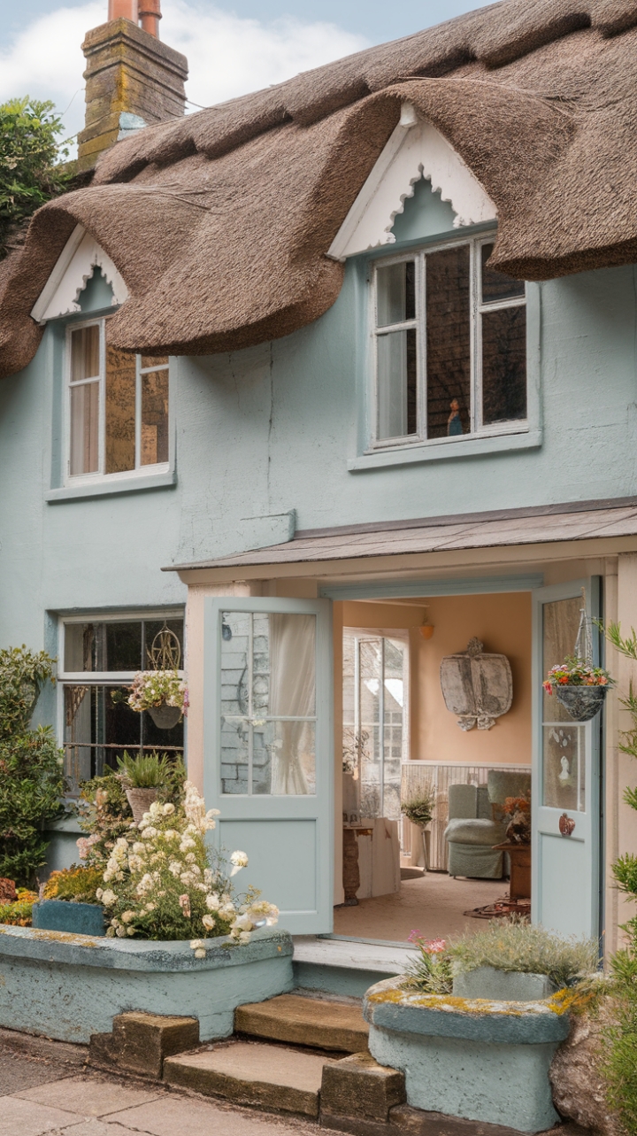 Escape to the enchanting embrace of a vintage English cottage, where soft blue hues whisper tales of bygone eras and a thatched roof dreams of sun-drenched afternoons. Step inside to discover a haven of shabby-chic charm, where rustic details dance with cozy comfort, creating a space as captivating as the idyllic garden that awaits. This historic gem is the epitome of country decor, a sanctuary of tranquility and timeless beauty.