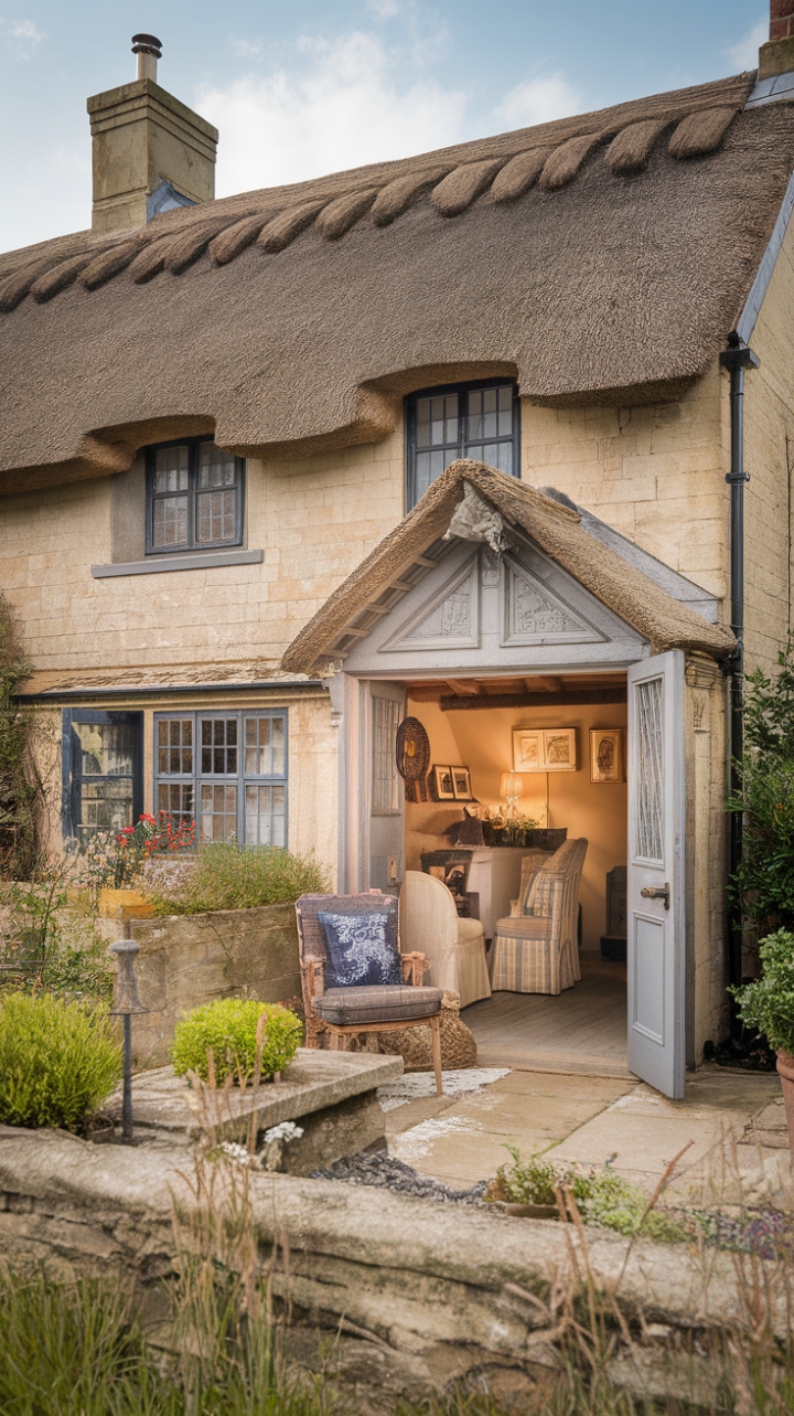 Step into a Fairytale: This quintessential English cottage, steeped in history and brimming with rustic charm, whispers tales of bygone eras. Its thatched roof and stone walls cradle a cozy interior, adorned with shabby-chic details that perfectly complement the period architecture. A charming garden cottage adds to the idyllic scene, creating a haven of tranquility and timeless beauty. Every detail, from the weathered stone to the perfectly placed window boxes, speaks to a life lived richly and authentically.