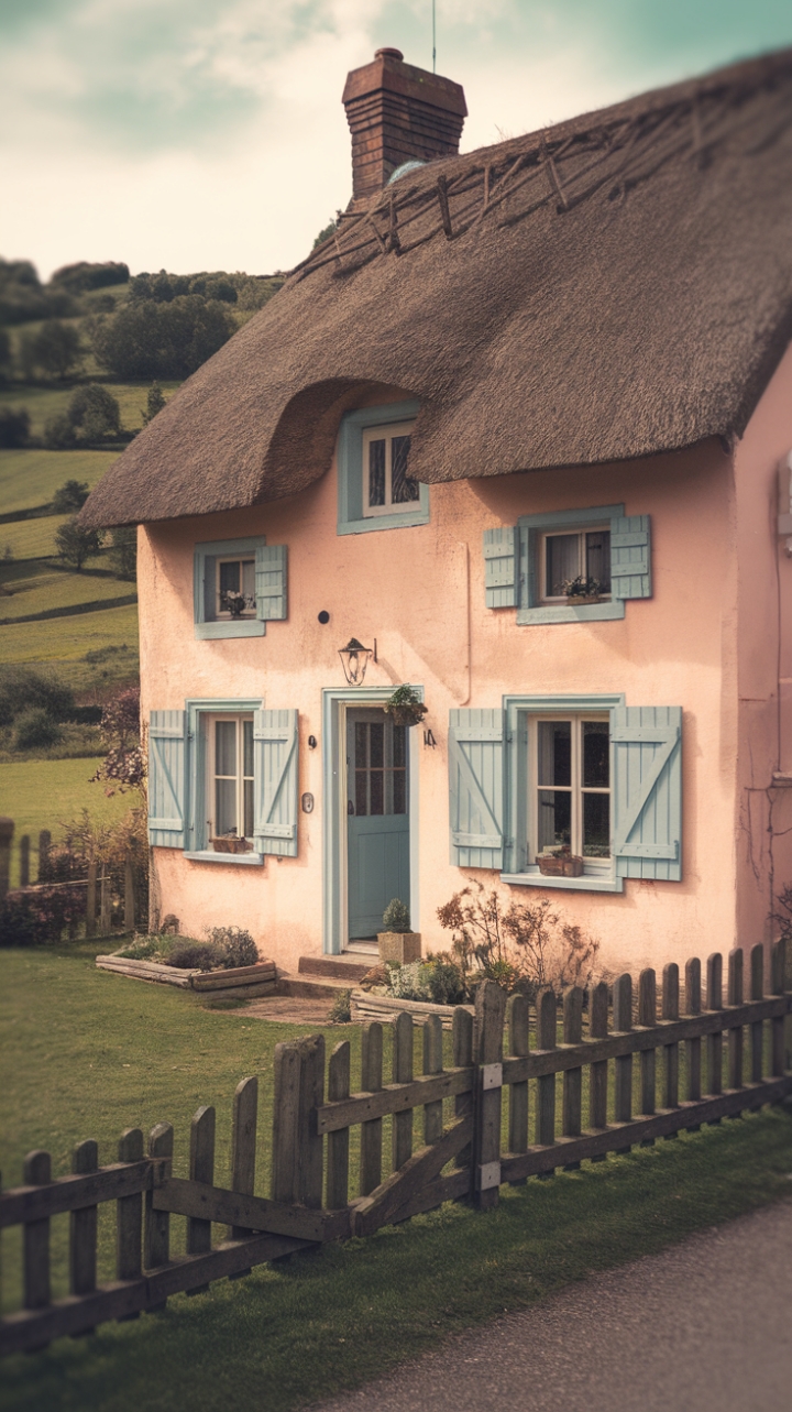Ever dreamed of escaping to a storybook setting? This enchanting English cottage, straight out of a romantic novel, beckons with its irresistible rustic charm. A whimsical thatched roof crowns the soft pink and blue exterior, while weathered wooden shutters hint at cozy interiors within. A sweet front garden, framed by a simple wooden fence, adds to the idyllic scene. Nestled in the heart of the picturesque countryside, this vintage beauty is pure, unadulterated magic.