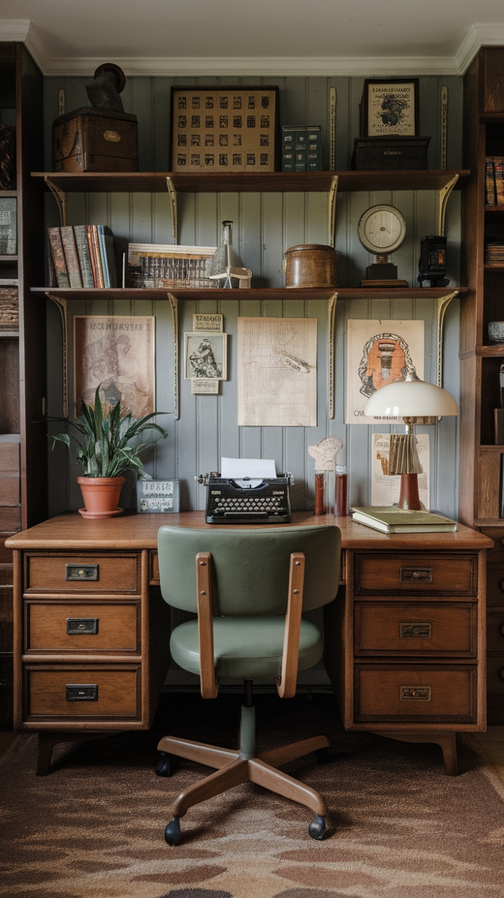 Step into this charming vintage study, where retro elegance meets nostalgic warmth. The rich wooden desk paired with a vibrant green chair creates a inviting focal point, while the typewriter and classic desk lamp evoke a bygone era of creativity. Vintage posters and antique collectibles adorn the walls and shelves, adding layers of history and personality. A lush plant introduces a touch of nature, balancing the room’s timeless charm with fresh vitality. This classic study room exudes a cozy, inspiring atmosphere perfect for reflection and inspiration.