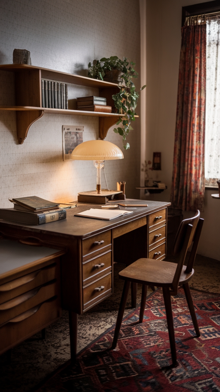 Step into a charming vintage study where nostalgic elegance meets timeless comfort. The warm wooden desk, adorned with a classic lamp, a well-loved book, and a sleek pen, invites quiet reflection and creative inspiration. A cozy chair beckons for moments of contemplation, while the wall-mounted shelf, filled with an eclectic array of books and a touch of greenery, adds personality and charm. The patterned rug anchors the space with its intricate design, complementing the soft glow from the window dressed in flowing curtains. This retro-inspired sanctuary exudes an old-fashioned allure, perfect for those who appreciate the beauty of bygone eras.