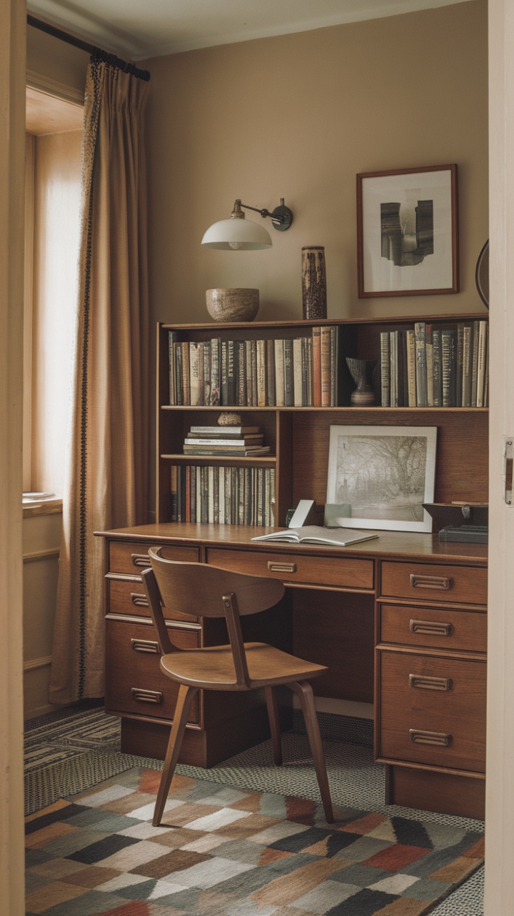 Step back in time with this vintage home office, where mid-century modern charm meets timeless elegance. The rich wood desk, perfectly complemented by the curved chair and geometric rug, creates a space as functional as it is inspiring. Every detail, from the overflowing bookshelf to the soft glow of the wall lamp, whispers stories of creativity and quiet contemplation. A sanctuary for the soul and the mind.