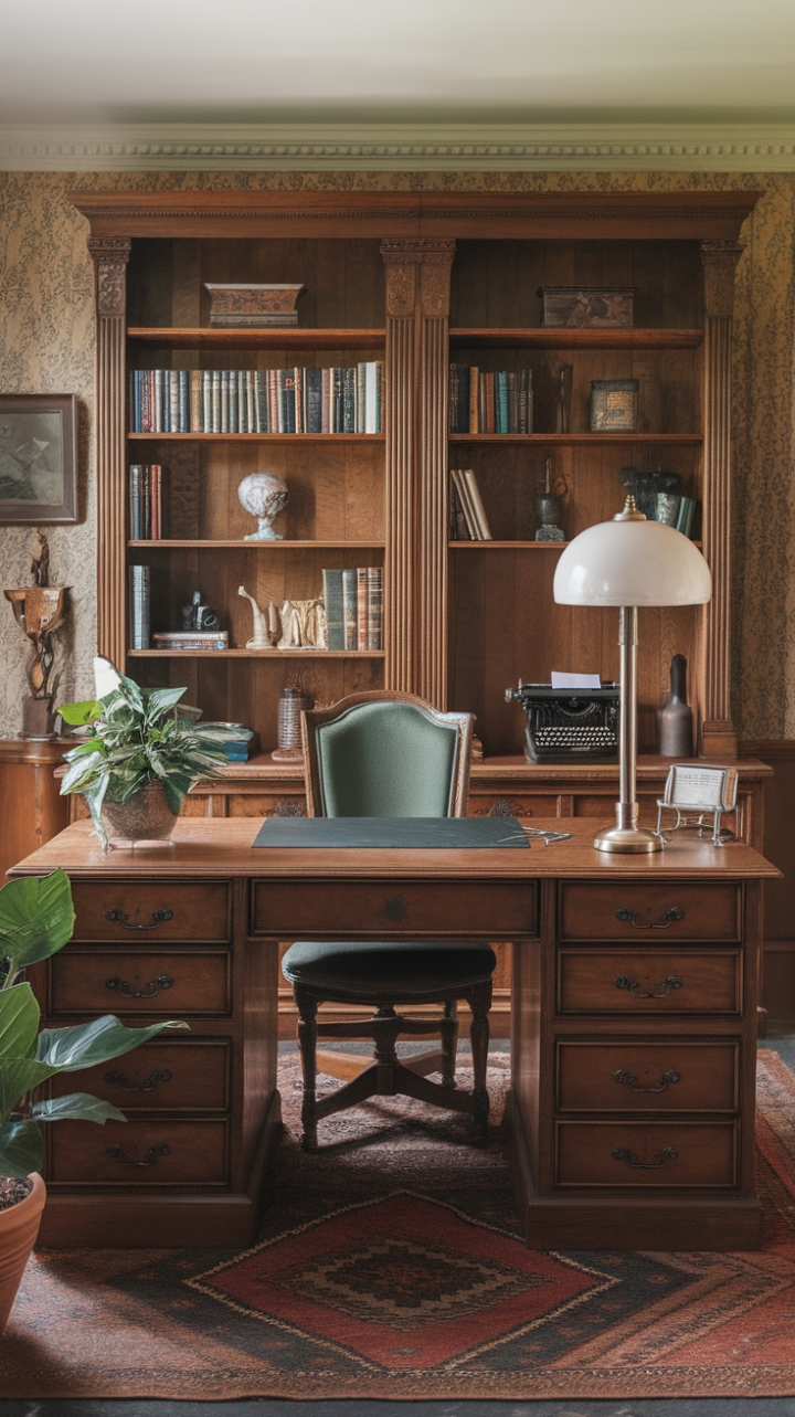 Step into this charming vintage home office, where timeless elegance meets cozy sophistication. The rich wooden desk paired with a classic green chair creates an inviting workspace, accented by a vintage typewriter and a warm lamp that evoke nostalgic charm. Behind, a wooden bookshelf brimming with books and curated decorative pieces adds character and intellectual allure. The patterned wallpaper lends a touch of refined artistry, while the plush rug and lush potted plant introduce layers of texture and life. This space embodies a perfect blend of history and personality, inspiring creativity and comfort in every detail.