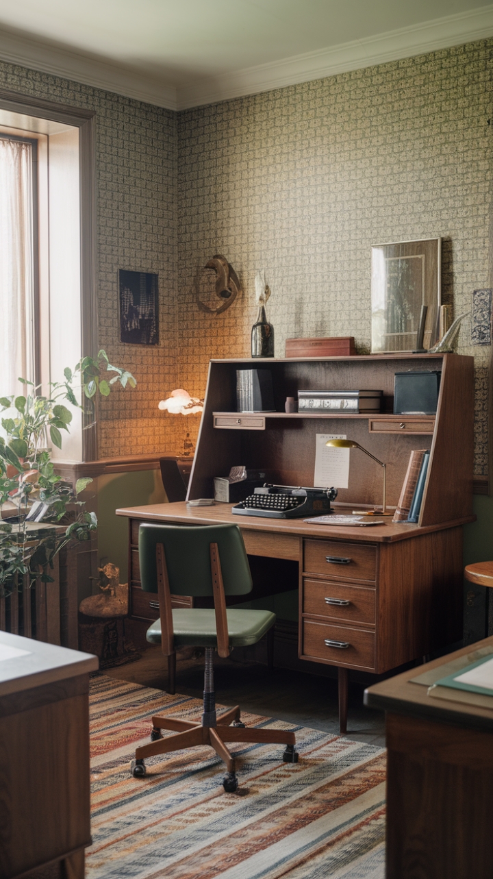 Escape the ordinary in this charming retro-inspired home office. Rich wood tones, a playful patterned wallpaper, and a splash of vibrant green create a space brimming with personality. The vintage typewriter hints at stories yet to be written, while the warm lamplight promises cozy evenings spent crafting and creating. Every detail, from the carefully chosen books to the potted plant, contributes to the room's irresistible nostalgic ambiance – a sanctuary for the modern creative soul.