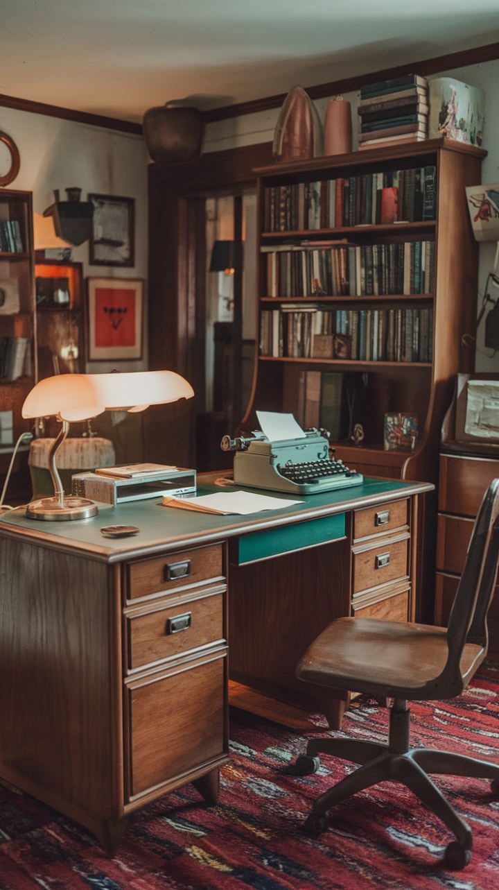 Step into a charming vintage home office where retro elegance meets nostalgic warmth. The rich wooden desk with its vibrant green surface anchors the space, complemented by a classic typewriter and a cozy lamp that evoke a bygone era. A plush red rug adds a splash of color and comfort, while a well-stocked bookshelf invites exploration and curiosity. The thoughtfully curated wall decorations and timeless chair complete this inviting retreat, capturing the essence of old-fashioned sophistication and timeless charm.