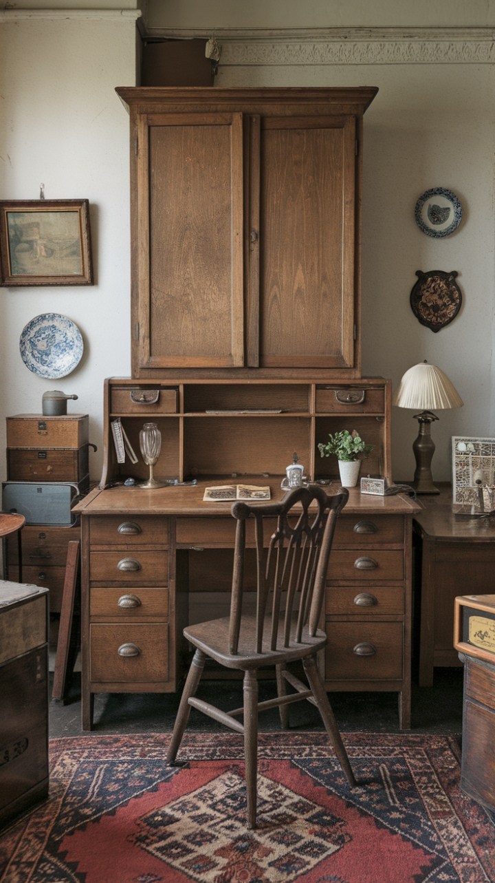 Step back in time with this nostalgic workspace, where vintage charm meets modern functionality. A sun-drenched haven of antique treasures, from the worn wooden desk to the intricately carved cabinet, whispers tales of creativity and inspiration. The perfectly imperfect details, like the faded rug and thoughtfully placed décor, create a space that's both inviting and endlessly inspiring. This isn't just a workspace; it's a sanctuary.