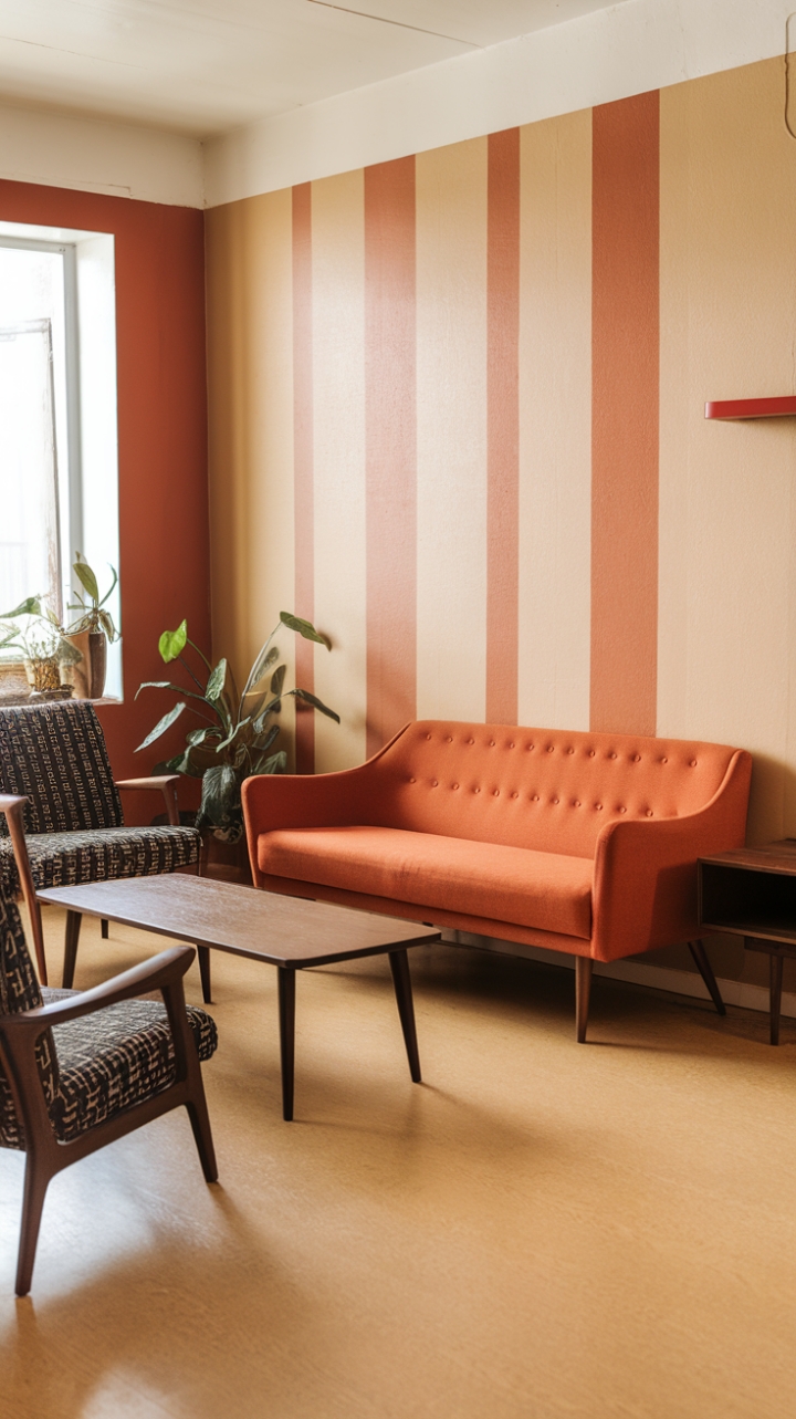 Sun-drenched and effortlessly chic, this vintage living room is a masterclass in retro style. The bold orange sofa pops against the warm beige and orange walls, complemented by a patterned accent chair and organic textures. A perfect blend of playful patterns and timeless elegance.