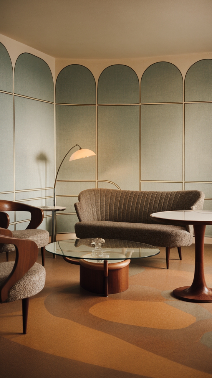 Ready for a little time travel? This living room is a love letter to the golden age of design, where mid-century cool meets 1950s charm. Sink into the embrace of that beautifully curved sofa, a true icon of the era, and rest your cocktail on the sleek glass-topped coffee table. The walls, a delightful dance of beige and light blue, set a playful yet sophisticated backdrop for the equally stylish curved-back chairs gathered around a chic round table. Soft light spills from a gracefully curved lamp, illuminating carefully chosen decorative pieces that add just the right touch of personality. It's a space that feels both nostalgic and utterly current, a perfect blend of vintage soul and modern comfort.