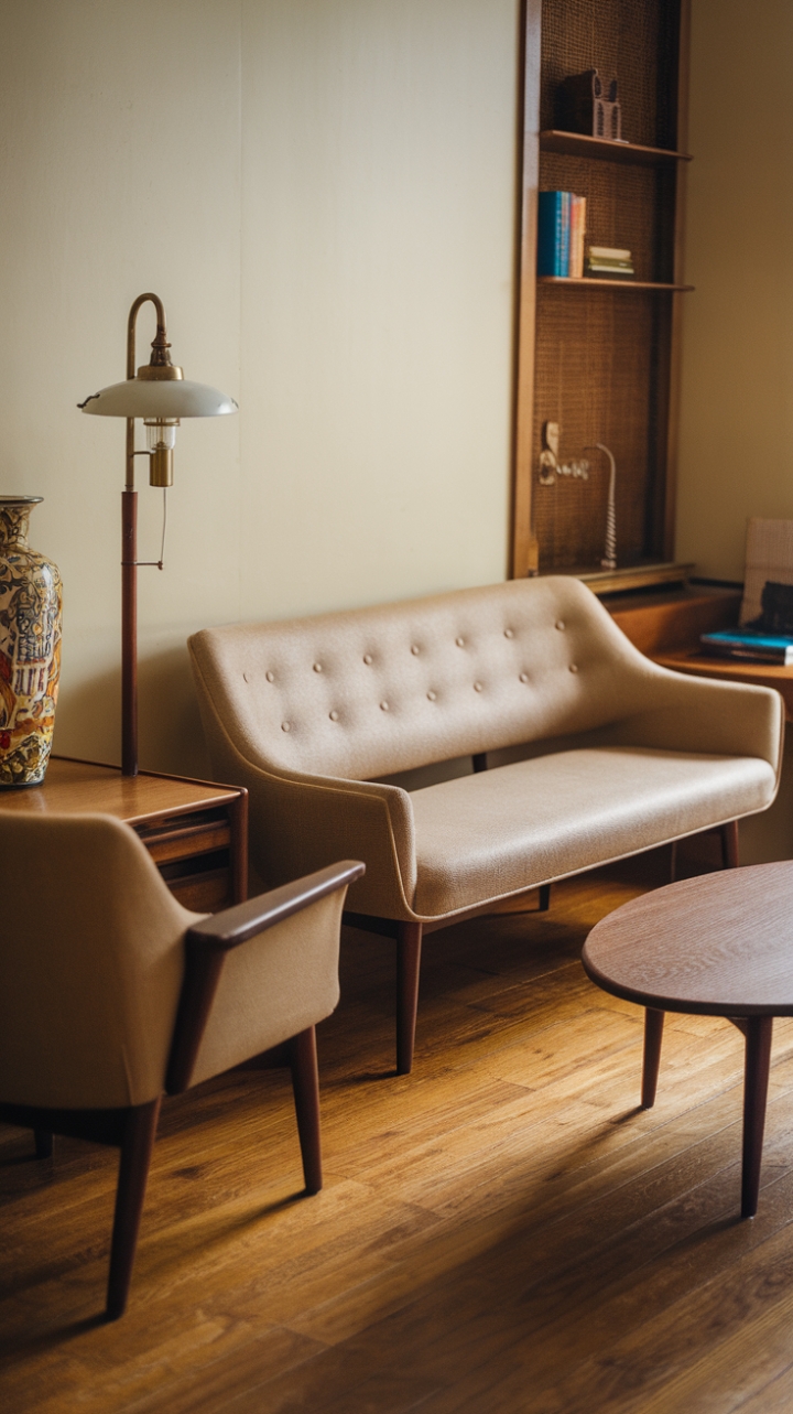 Ready to be transported to a time of timeless style? This mid-century haven is a masterclass in retro cool. A warm beige sofa and matching chair, perched on elegant wooden legs, invite you to sink in and stay awhile. In front, a perfectly round wooden coffee table holds court, ready for your favorite reads and a steaming cup of coffee. A vintage lamp with a gleaming brass stand casts a warm glow, illuminating the beautiful wood floors and curated details. A patterned vase adds a pop of personality, while a stack of books promises hours of escape. This is a space that feels both nostalgic and utterly current.