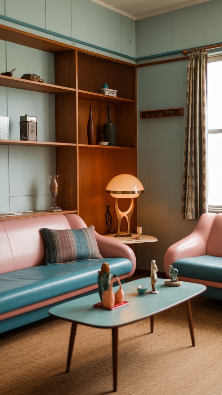 Dive into a world of retro chic! This vintage-inspired living room is a masterclass in playful sophistication. The vibrant pink and blue sofa is the perfect anchor for a space brimming with personality. Unique lighting, carefully chosen accents, and a touch of mid-century modern furniture create a space that's both effortlessly stylish and wonderfully nostalgic. Prepare to be transported to a time of iconic design and effortless cool.