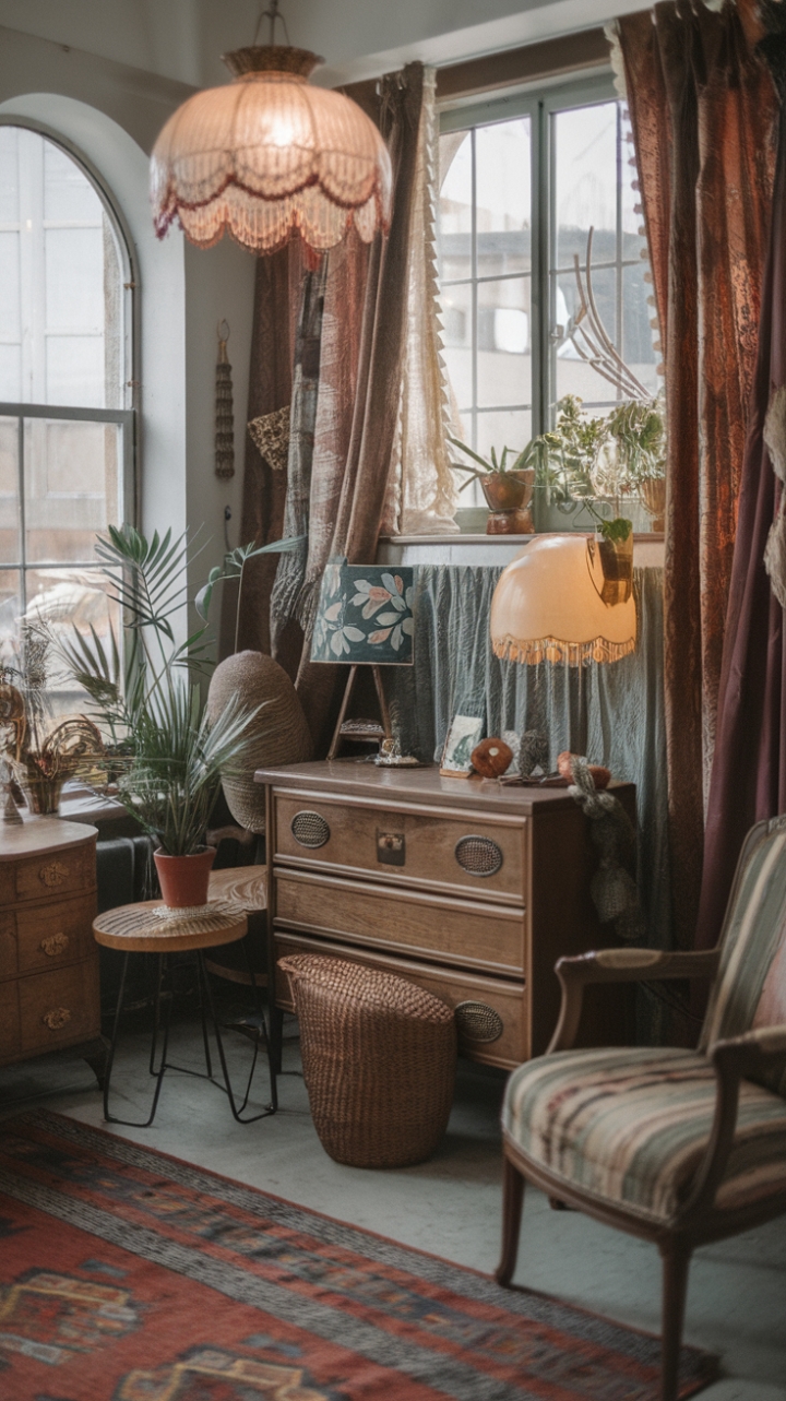 Immerse yourself in a retro chic sanctuary adorned with vintage treasures and layered textures, where every corner exudes bohemian elegance. Antique furniture pieces are beautifully complemented by an array of vintage accessories—think unique lampshades, nostalgic picture frames, and charming plant pots—that add character and warmth. The mix of textures and colors creates a lively, inviting ambiance that celebrates the art of eclectic design, making this room a perfect expression of vintage-inspired bohemian style.