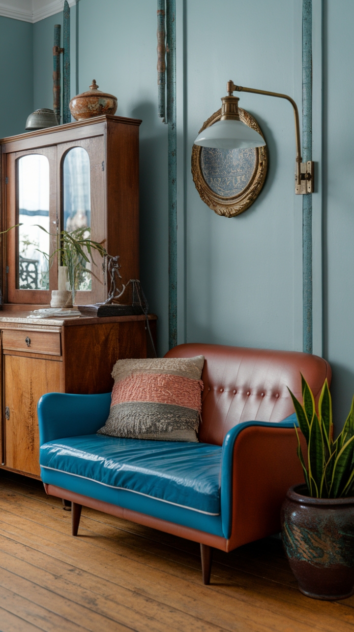 A captivating blend of vintage charm and bohemian flair, this eclectic living space exudes warmth and personality. The retro-inspired sofa, adorned with textured cushions, invites relaxation amid a palette of soft light blue walls that create a serene backdrop. An antique wooden cabinet with a mirror adds a touch of timeless elegance, while a brass lamp introduces a warm, inviting glow. The wooden flooring grounds the room with natural richness, complemented by a lush green plant in a ceramic pot that brings a fresh, organic vibe. This space celebrates individuality, combining cherished vintage pieces with vibrant, layered textures for a truly inviting retreat.