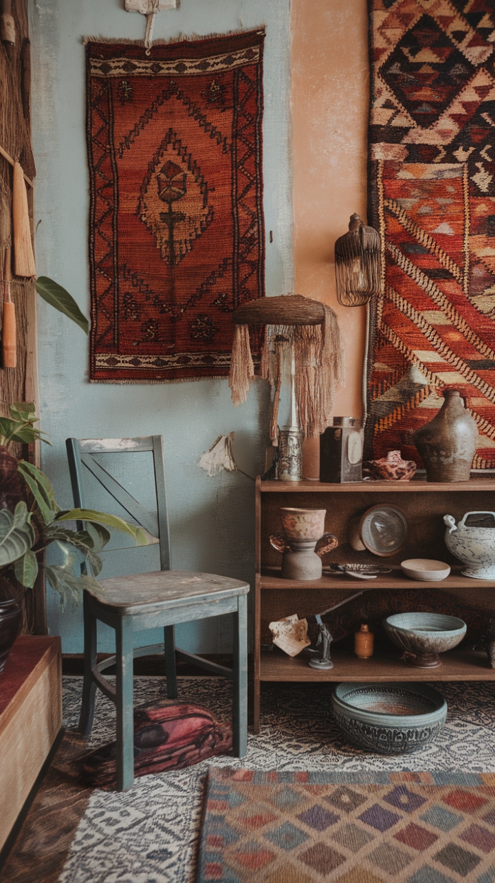 Ready to step into a space that feels like a warm hug from another era? This room is a masterclass in curated cool, where vintage finds and bohemian spirit dance together. Imagine sinking into that perfectly worn wooden chair, the sunlight dappling through the leaves of the nearby plant. Your eyes wander to the wall, where a vintage rug hangs like a tapestry, telling stories of travels past. On the shelf, a collection of treasures – a lamp casting a soft glow, a vase holding secrets, a bowl waiting to be filled – each piece adding to the rich tapestry of this space. Below, a patterned rug anchors the room, its design a playful counterpoint to the natural textures of wood, fabric, and ceramic. This isn't just a room; it's a feeling, a celebration of the past with a decidedly modern twist.