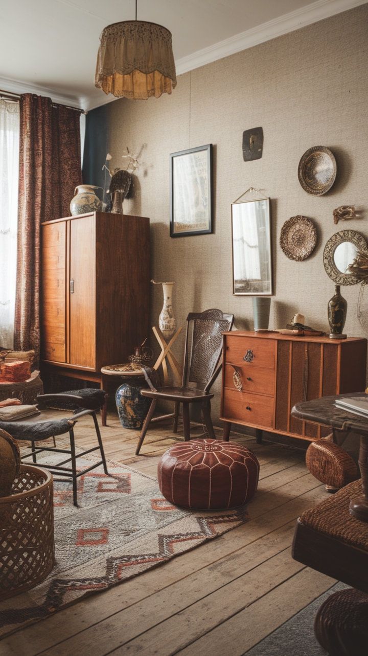 A captivating bohemian retreat that exudes vintage charm and eclectic sophistication. The rustic wooden floors anchor the space, while antique furnishings—a grand wooden cabinet, a vintage armchair, and a charming side table—invite exploration. Textural richness is layered through a vibrant patterned rug, a woven basket, and a supple leather ottoman, creating a tactile tapestry of comfort and style. Walls are artfully decorated with nostalgic accessories: a framed poster, a reflective mirror, and a decorative plate, each telling its own story. The retro chic vibe is enhanced by a vintage lampshade casting a warm glow and a sleek ceramic vase that adds a touch of understated elegance. This room is a harmonious blend of history, texture, and personality, making it a truly inspiring space for relaxed living.