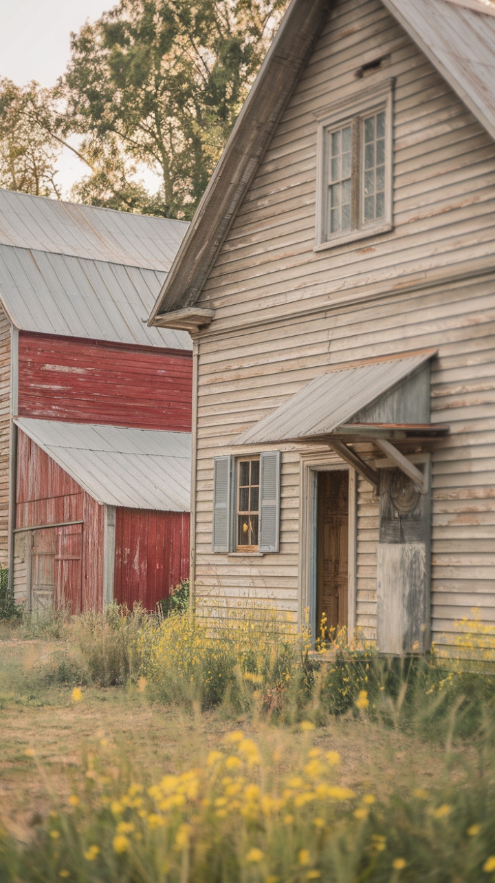 A charming rustic farmhouse exudes timeless appeal with its weathered wooden exterior and shabby chic details, radiating warmth and nostalgia. Adjacent, a vintage red barn adds a pop of color and historic character, while the ground is blanketed in cheerful yellow wildflowers that evoke a sense of carefree countryside living. Soft, natural lighting bathes the scene, highlighting the distressed finishes and antique accents that make this retreat a perfect blend of vintage charm and rustic elegance amidst a tranquil backdrop of trees.