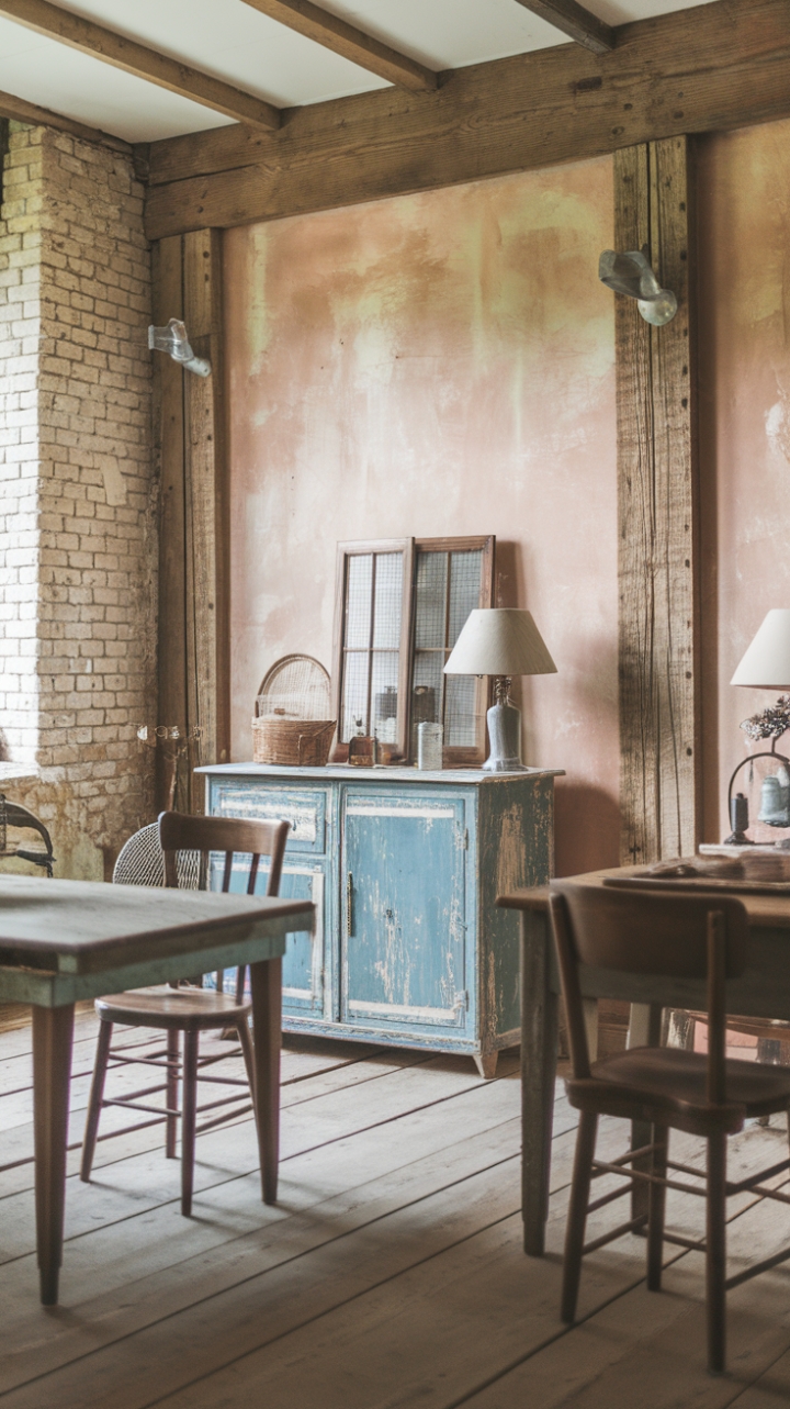 A charming farmhouse retreat exudes timeless appeal with its blend of shabby chic elegance and rustic authenticity. The warm, weathered wooden table and mismatched vintage chairs invite gatherings filled with stories and laughter, while the distressed cabinet adds a touch of antique allure. Exposed brick walls and sturdy wooden beams create a cozy, textured backdrop that celebrates rustic charm. A vintage lamp casts a soft, inviting glow over the wooden plank flooring, completing this nostalgic haven where retro meets rustic in perfect harmony.