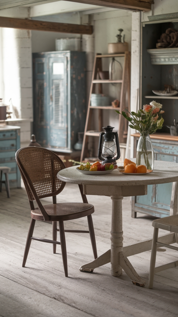 Ready to embrace the charm of simpler times? This rustic farmhouse scene invites you to slow down and savor the beauty of imperfection. A distressed wooden table, laden with a glowing lantern, a bounty of fresh fruit, and a vase overflowing with blooms, sits center stage. Beside it, a vintage chair with a woven back beckons you to linger. Worn wooden planks underfoot tell stories of years gone by, while a collection of vintage treasures – a cabinet, a shelf, and even a ladder – add layers of character to this shabby chic haven. It's a space that feels lived-in, loved, and utterly timeless.