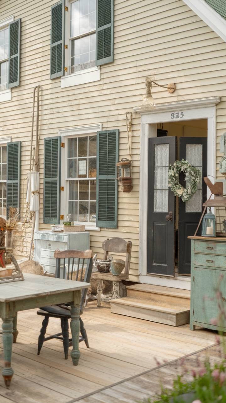 Embrace the allure of effortless chic in this captivating farmhouse retreat. The aged patina of the exterior, punctuated by a striking black door, hints at the treasures within. Inside, a symphony of rustic textures and vintage finds creates a space that's both inviting and utterly unique. Imagine cozy evenings spent by the fire, surrounded by the warmth of reclaimed wood and the gentle glow of antique lanterns – a true sanctuary of style and serenity.
