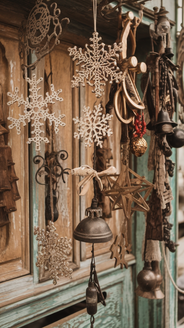 Step into a winter wonderland brimming with nostalgia! This curated collection of vintage ornaments—snowflakes, stars, bells, and candy canes—hangs against a rustic wooden backdrop, each piece whispering tales of Christmases past. A symphony of antique decorations, retro embellishments, and heirloom treasures creates a display that's both charmingly whimsical and deeply sentimental. Perfect for inspiring your own vintage-inspired holiday decor.