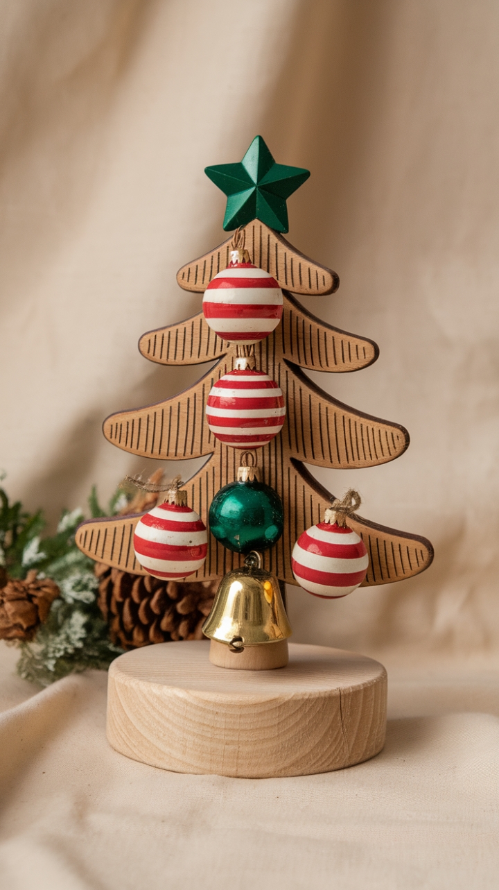 Unwrap the magic of Christmas past with this captivating vintage ornament. A miniature wooden Christmas tree, adorned with candy cane stripes and a twinkling star, sits proudly on its wooden stand. This delightful piece whispers tales of bygone holidays, adding a unique and heartwarming touch to your seasonal displays. Its rustic simplicity is both charming and sophisticated, a perfect conversation starter for your holiday gatherings.