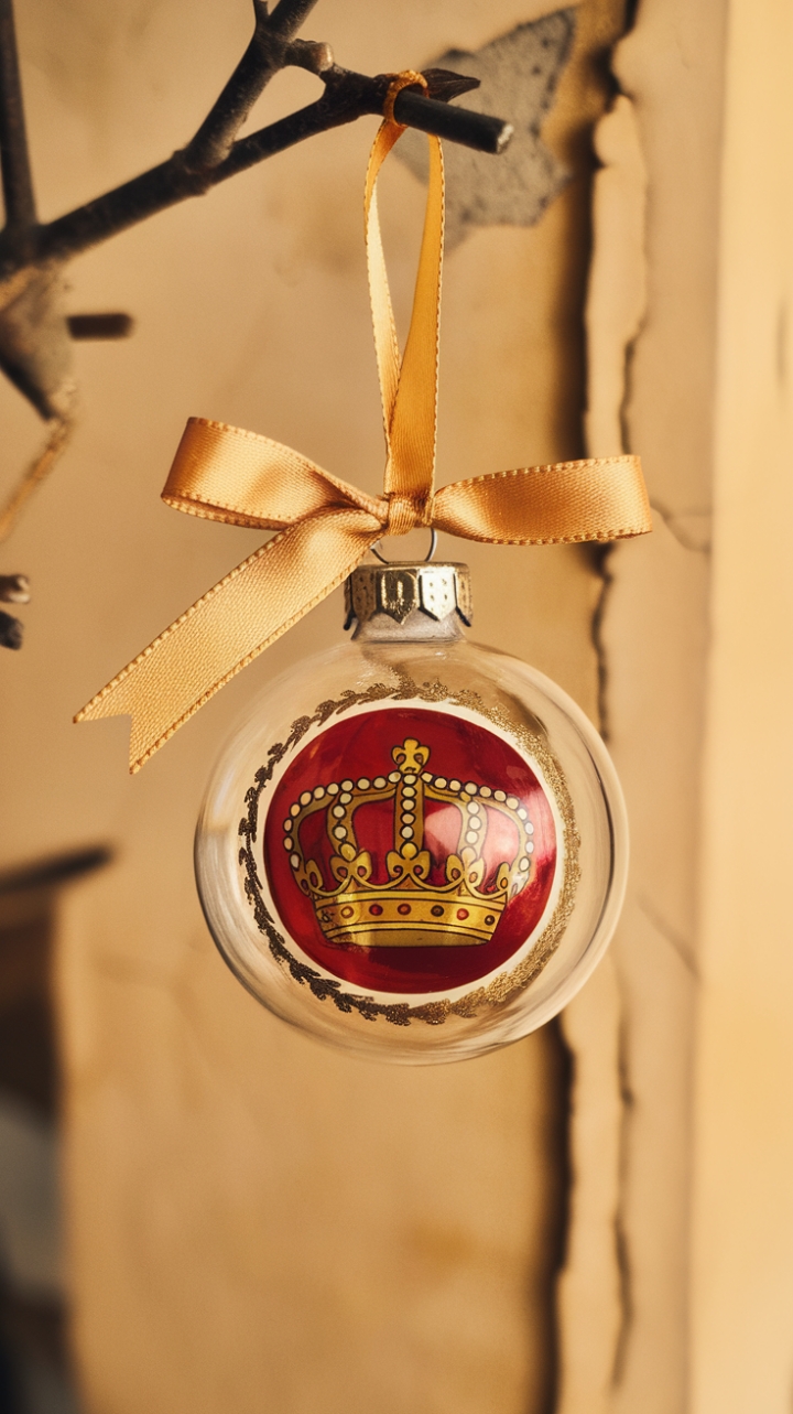 Remember that feeling of unwrapping a treasured heirloom? This vintage glass ornament, with its regal golden crown and rich red hue, evokes that very magic. Tied with a delicate gold ribbon, it whispers stories of Christmases past. Against a backdrop of aged plaster, its timeless beauty shines, a warm and inviting touch that brings a touch of nostalgic charm to any space.