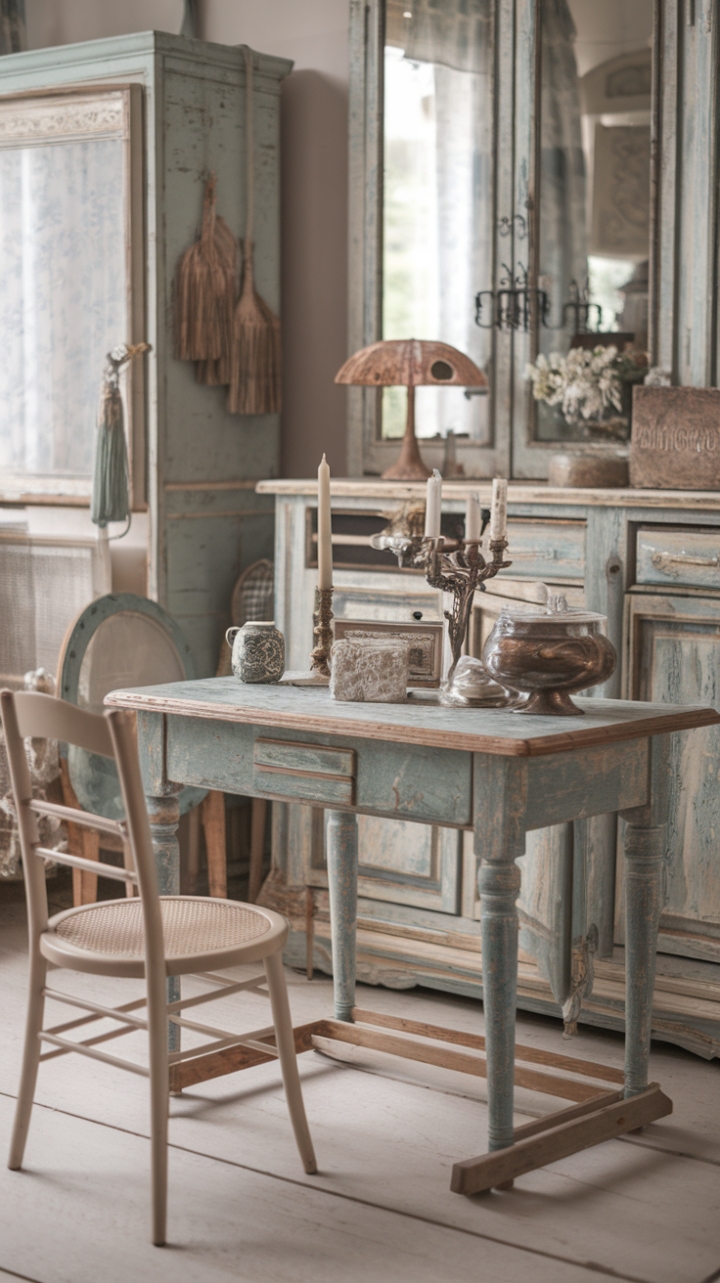 Embrace the captivating allure of shabby chic in this enchanting room. Timeless elegance shines through in the weathered textures and retro charm of the furniture, creating a space that's both inviting and utterly captivating. Discover the beauty of imperfection in every lovingly curated detail, from the rustic table to the carefully chosen vintage accents.