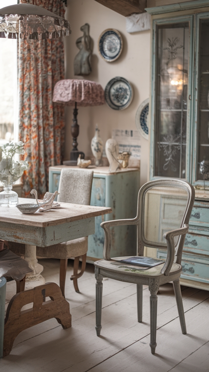 Embrace the allure of shabby chic in this captivating cottage retreat. Distressed furniture and antique accents create a space brimming with rustic romance. A weathered wooden table anchors the scene, complemented by a vintage chair that exudes effortless grace. Every detail, from the retro lampshade to the decorative plate, contributes to the room's enchanting, old-world atmosphere. Prepare to be swept away by its irresistible charm.