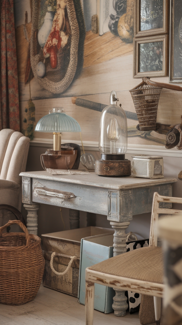 Embrace the allure of yesteryear in this captivating cottage-style room. Distressed furniture and antique accents blend seamlessly, creating a space that's both inviting and exquisitely styled. A weathered wooden table anchors the scene, its vintage lamp casting a soft, romantic light. The rustic chair, vintage basket, and charming wall prints all contribute to the overall sense of nostalgic elegance, making this room a true testament to the enduring beauty of shabby chic design.