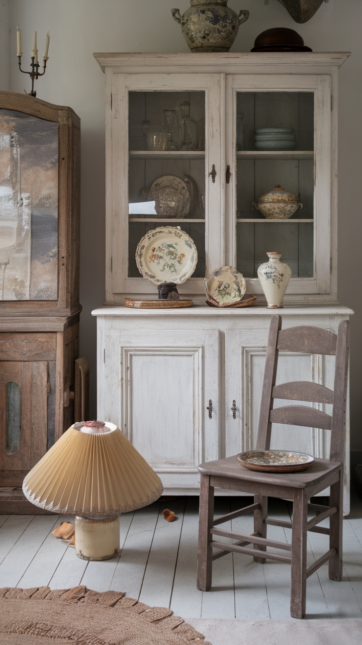 Ready for a dose of romantic nostalgia? This charming room whispers tales of yesteryear with its perfectly imperfect shabby chic style. Distressed finishes on the rustic wooden chair and weathered white cabinet tell a story, while a vintage lampshade on the floor adds a touch of playful whimsy. Antique treasures like the decorative plate and vase on the cabinet complete this cottage-core dream, creating a space that feels both lived-in and utterly enchanting.