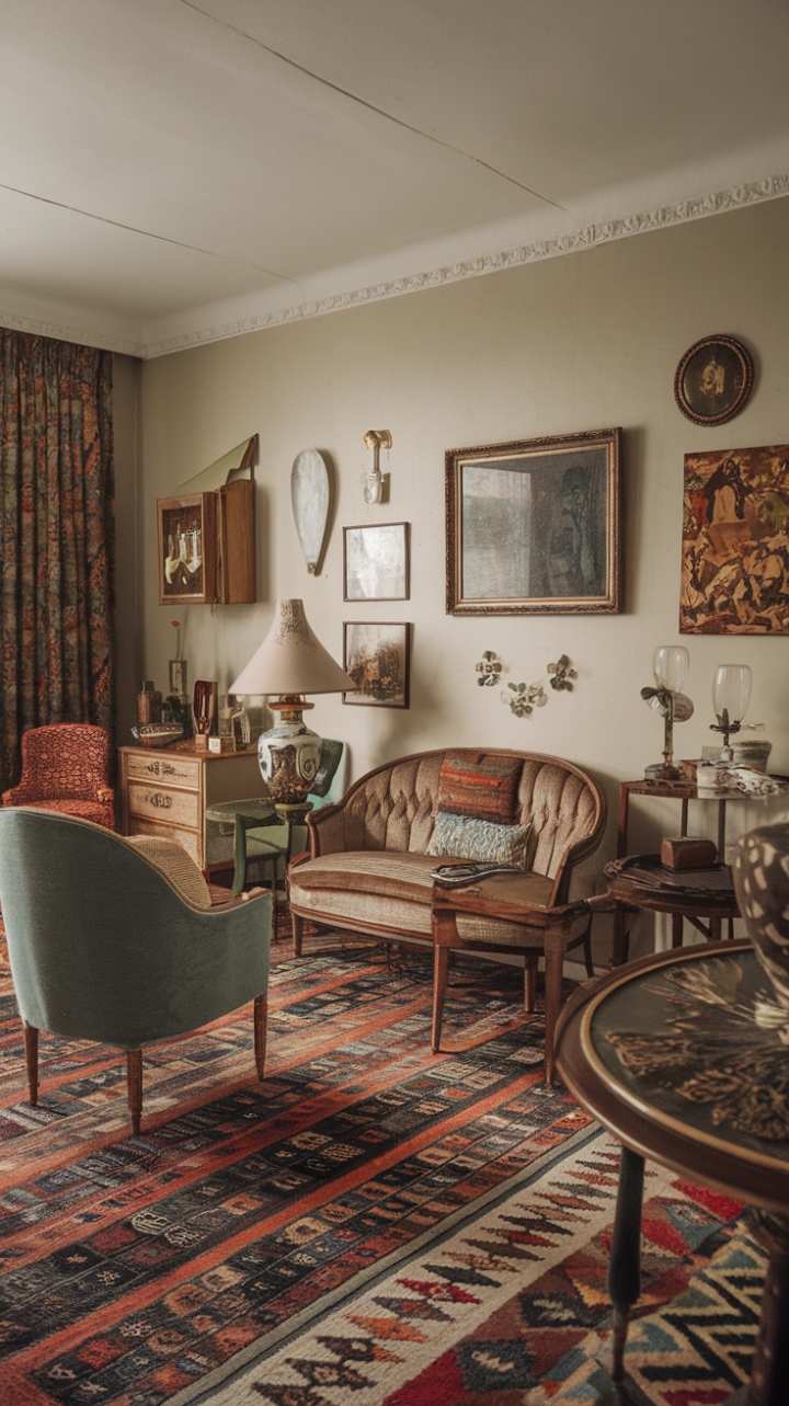 Step back in time with this captivating living room, where vintage charm meets modern comfort. A symphony of retro hues, quirky collectibles, and exquisitely preserved antiques creates a space that's both nostalgic and utterly inviting. The patterned rug anchors the scene, while the carefully curated furniture and accessories tell a story of bygone eras, whispering tales of vintage glamour and playful eccentricity. Every detail, from the antique lamp to the vibrant painting, contributes to an atmosphere of delightful, lived-in sophistication.