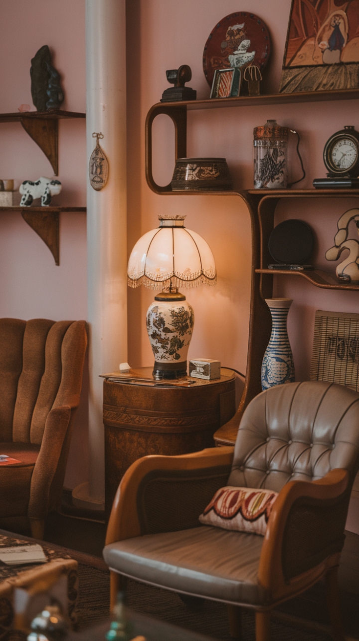 Step back in time with this charming vintage haven, where soft pink walls cradle a curated collection of retro treasures. A whimsical ceramic lamp casts a warm glow on a gently curved wooden chair, while a shelf overflows with quirky collectibles, whispering tales of bygone eras. Prepare to be captivated by this nostalgic escape, a testament to the enduring allure of kitsch.