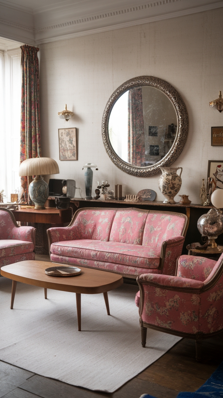 Embrace the delightfully quirky charm of this retro-inspired living room. A vintage pink floral sofa takes center stage, surrounded by a curated collection of antique treasures and playful décor. The room's nostalgic ambiance is perfectly complemented by a large, ornate mirror and a cozy white rug, creating a space that's both stylish and undeniably fun.