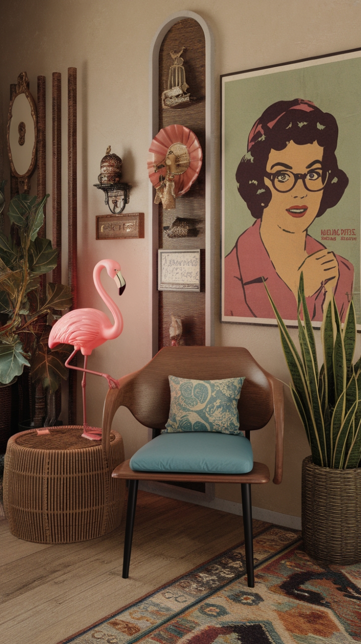 Dive into a world of whimsical vintage charm! A vibrant pink flamingo lamp illuminates a scene straight out of a retro dream, complete with a comfy blue-cushioned chair, a flourishing plant, and a captivating vintage poster. Beige walls and warm wooden floors create the perfect backdrop for this nostalgic escape, brimming with quirky personality.