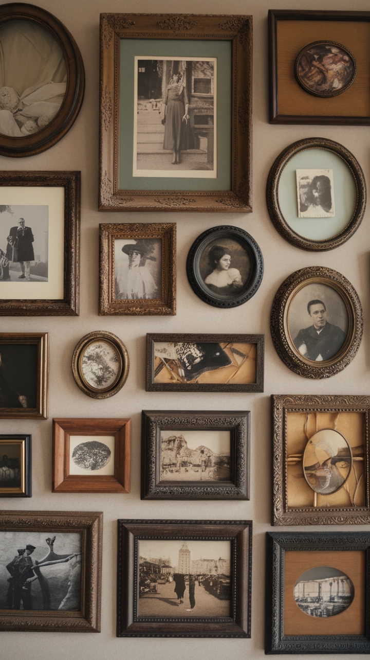 Ever wonder how to create a gallery wall that tells a story? This vintage collection is a masterclass in curated charm. Each frame, a unique treasure – from ornate gold leaf to simple wood – holds a piece of history. Nostalgic photographs capture moments in time, alongside captivating paintings and intriguing decorative accents. Against a warm beige backdrop, this wall is a beautiful tapestry of memories and artistry, proving that a well-loved collection is the heart of a home.