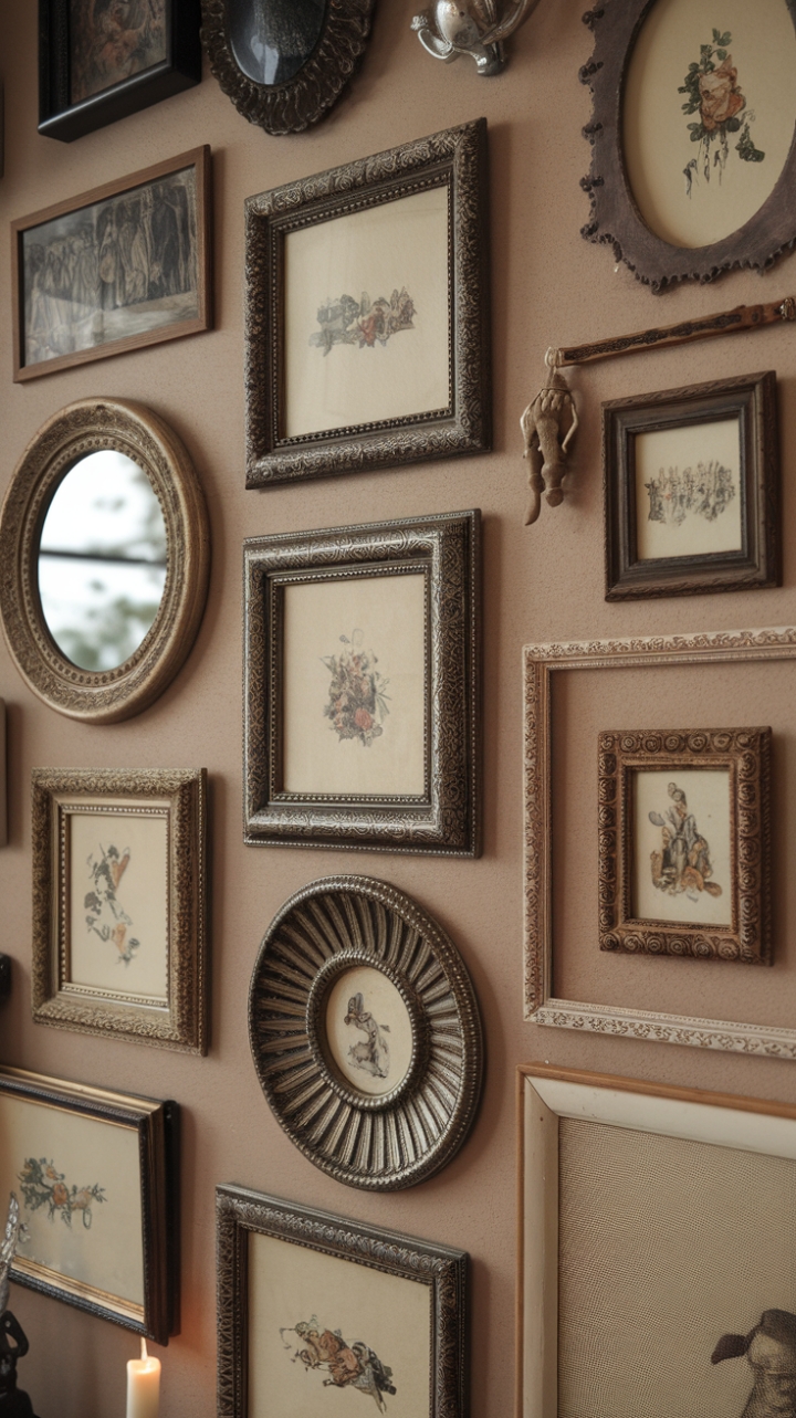 A captivating vintage gallery wall showcases an eclectic mix of antique frames in varying sizes and shapes, creating a harmonious pattern against a warm beige backdrop. Classic wall art within each frame exudes nostalgia, while subtle decorative accents like a candle and a petite statue add layers of charm and personality. The overall aesthetic radiates retro elegance, inviting viewers into a timeless space filled with history and character.