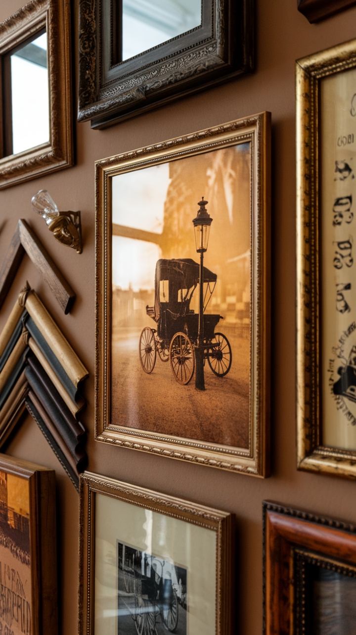Embrace the golden age of artistry with this breathtaking retro art display. Antique frames showcase classic wall art, culminating in a stunning photo arrangement depicting a vintage scene – a horse-drawn carriage bathed in the soft light of a gas lamp. This gallery wall is more than décor; it's a journey through time, adding warmth and character to any space.
