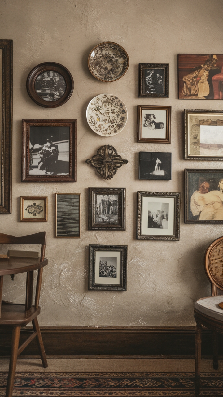 Unleash your inner curator with this inspiring gallery wall, a symphony of vintage finds and retro treasures. Black and white photography, a whimsical decorative plate, and a touch of painterly artistry combine on a warm, textured beige wall, creating a space that's both effortlessly chic and deeply personal. The subtle glimpse of a patterned rug and simple furniture hints at a home filled with character and collected stories, a testament to the enduring power of artful curation.