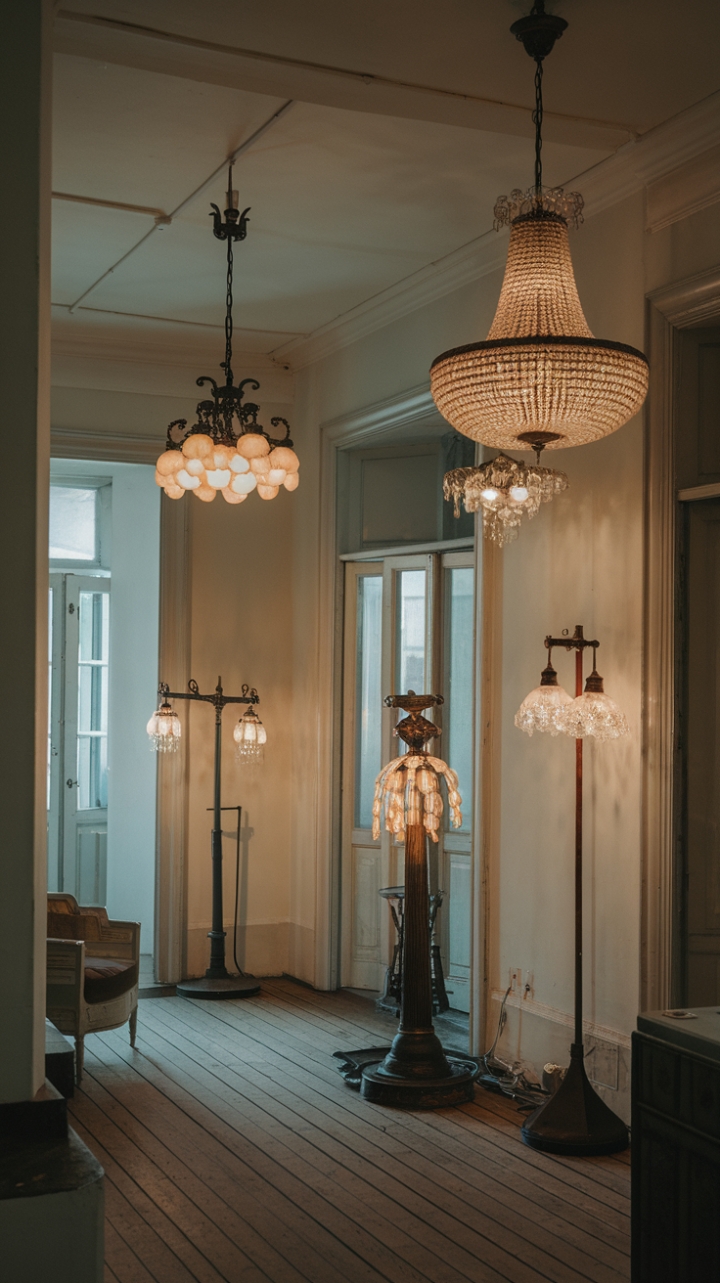 Step into a bygone era of elegance. Intricate antique lighting fixtures cast a warm, nostalgic glow across the classic white walls and rich wooden floors, creating an atmosphere of timeless sophistication. Each chandelier and lamp tells a story, their intricate designs whispering tales of a glamorous past. A few carefully chosen pieces of furniture complete the scene, inviting you to relax and savor the beauty of this perfectly curated vintage space.