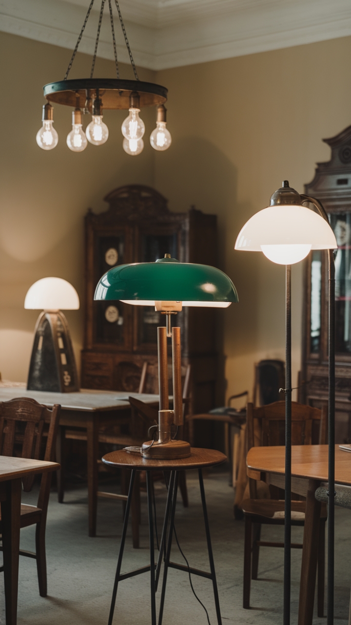 Step back in time with this captivating vignette, where vintage lamps cast a warm, inviting glow on rich wooden furniture. A symphony of textures and styles—from the elegant green shade to the crisp white—creates a space brimming with character and old-world charm. The antique chandelier adds a touch of grandeur, completing this perfectly curated haven of nostalgic elegance.