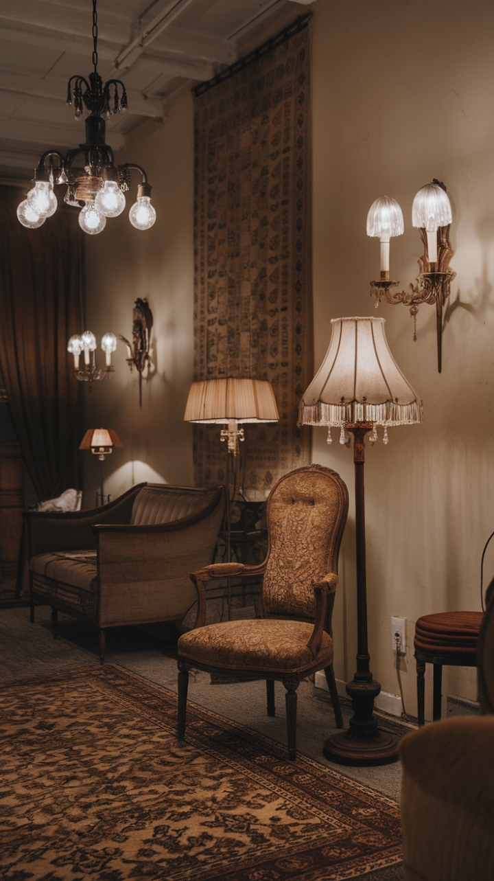 A charming vintage sanctuary, this room exudes timeless elegance through its carefully curated antique lighting fixtures. The ornate chandelier, with its multiple glowing bulbs, casts a warm, inviting glow overhead, while the wooden-based floor lamp and classic wall sconce add layers of cozy illumination. Richly patterned rugs and a plush sofa anchor the space, complemented by thoughtfully chosen accessories that evoke a nostalgic, classic ambiance. Every detail whispers stories of bygone eras, creating a warm, nostalgic retreat filled with character and charm.